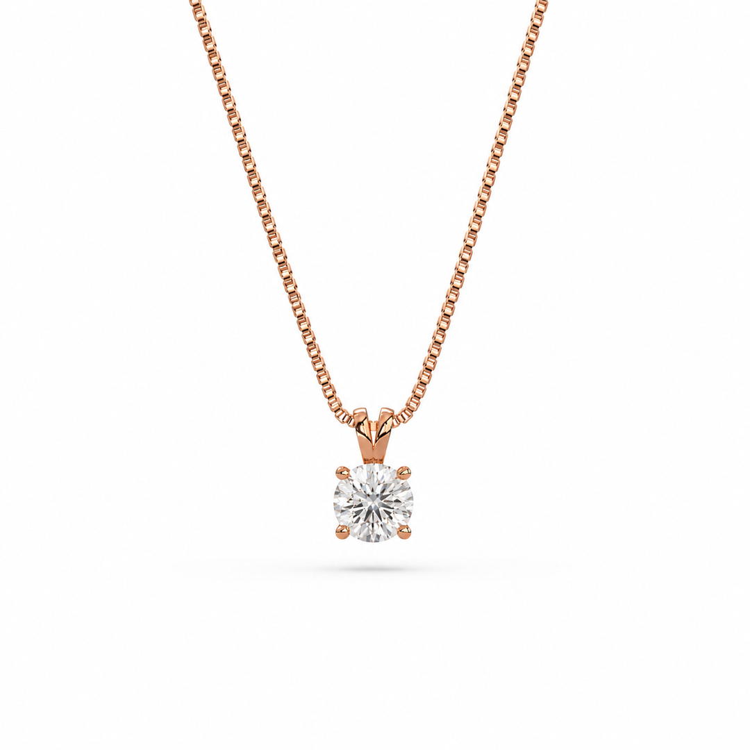 Round lab-grown diamond solitaire pendant necklace in rose gold on a rose gold chain
