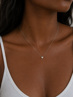 Load image into Gallery viewer, Lab-grown round bezel diamond pendant necklace in white gold, shown on a woman’s neck with a delicate chain.