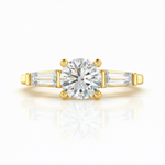Load image into Gallery viewer, Three stone round lab grown diamond engagement ring with tapered side stones in yellow gold, front view