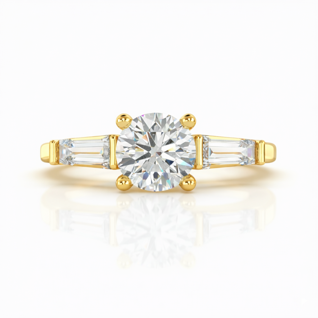 Three stone round lab grown diamond engagement ring with tapered side stones in yellow gold, front view
