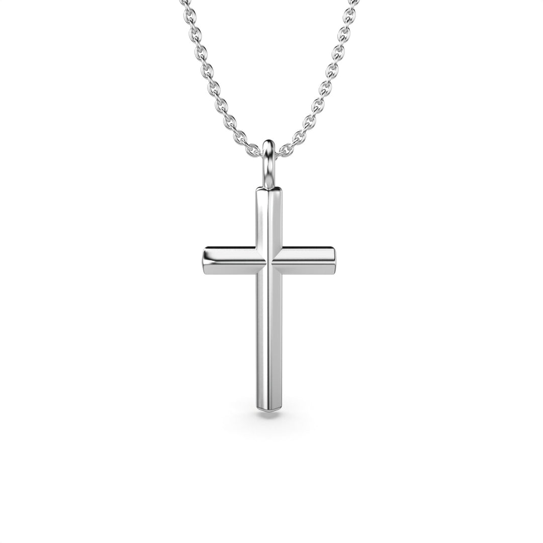 Minimalist solid white gold cross necklace front view polished Christian pendant