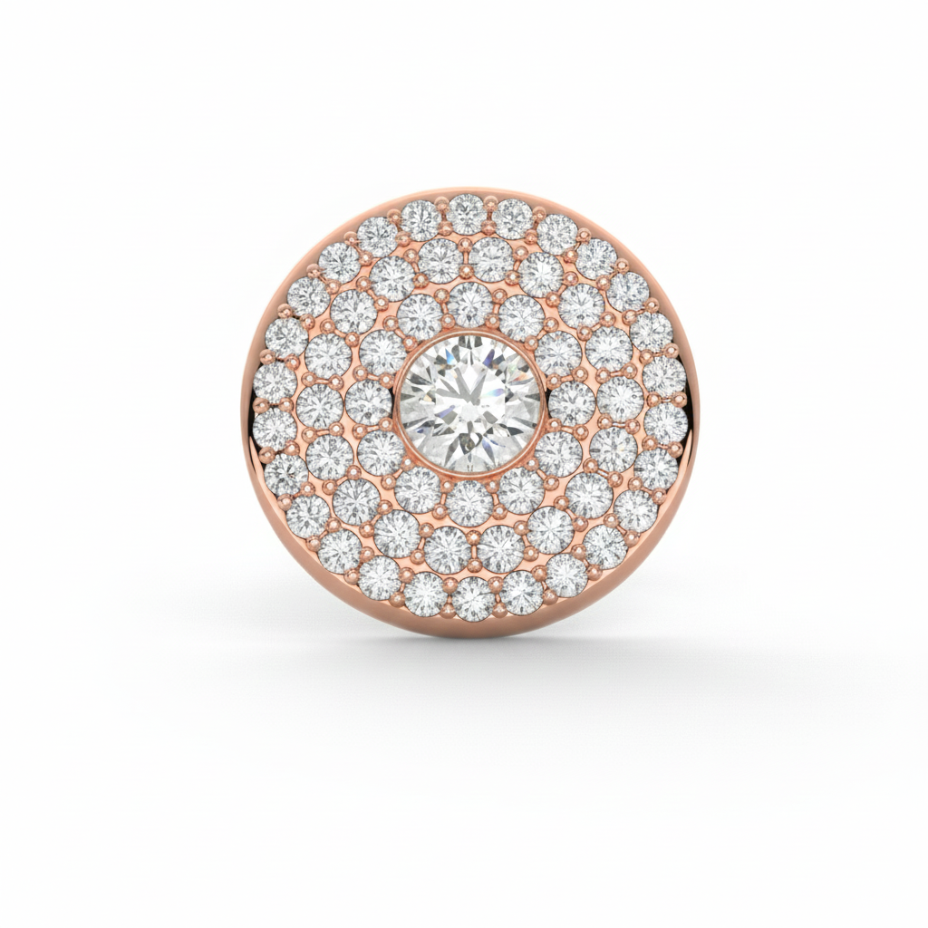 Triple halo lab-grown diamond stud earring in rose gold with round center stone and three pavé diamond rows