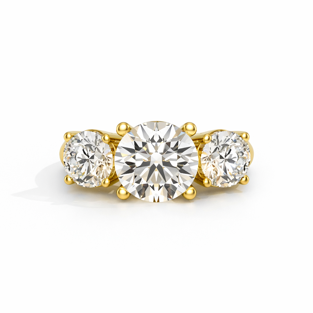 Three-stone round lab-grown diamond ring in yellow gold, front view, featuring a larger center diamond with two round side diamonds
