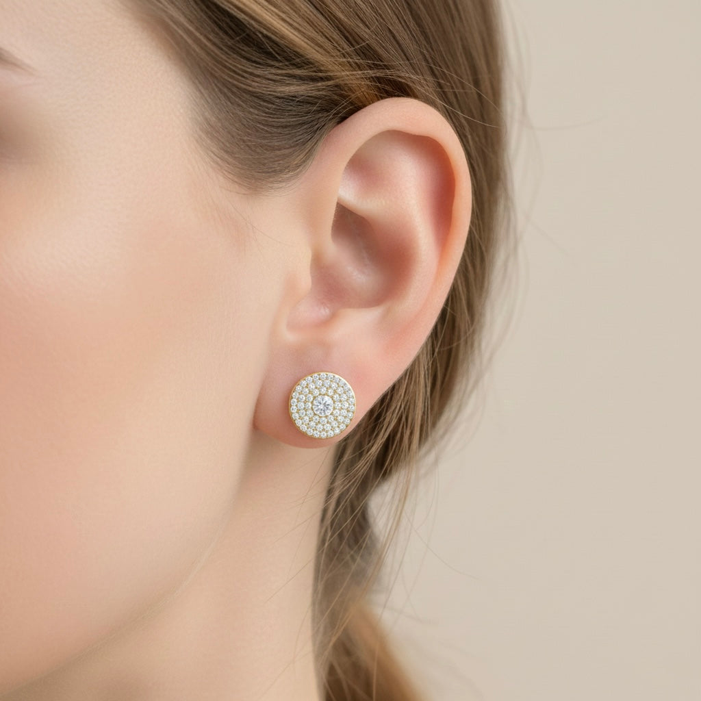 Triple halo lab grown diamond stud earring in yellow gold, round diamond cluster design worn on ear