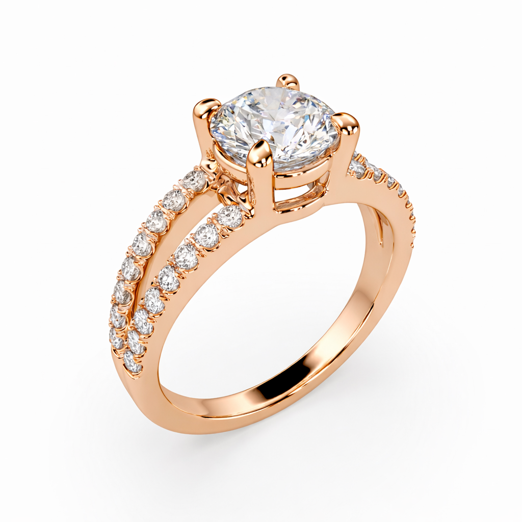 Round cut lab grown diamond split shank ring in rose gold with pavé diamonds, angled side view