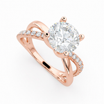 Load image into Gallery viewer, Lab grown round diamond X ring in rose gold featuring pavé side diamonds and four-prong setting – side angle view
