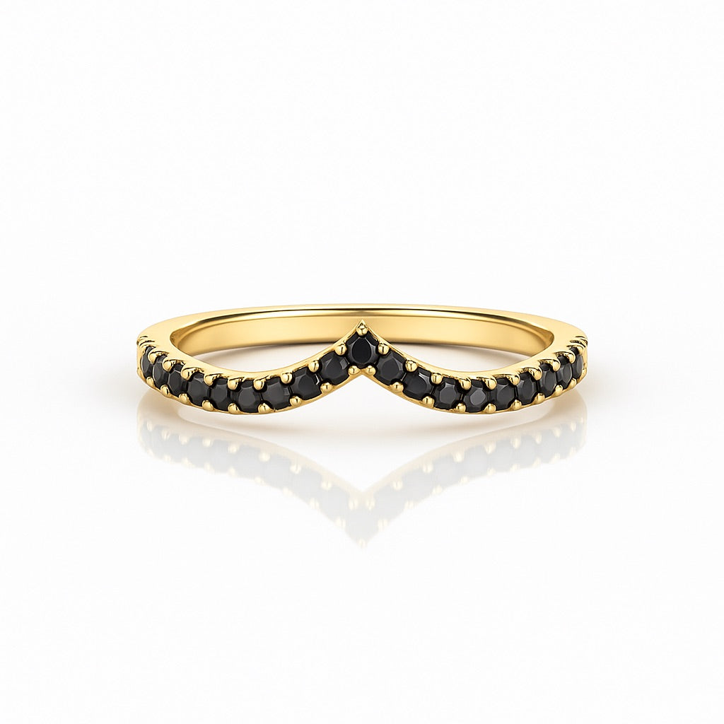 Black diamond V-shaped wedding band in yellow gold, chevron contour ring with pavé black diamonds