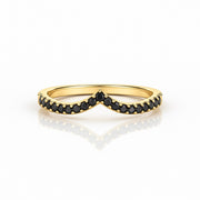 Black diamond V-shaped wedding band in yellow gold, chevron contour ring with pavé black diamonds
