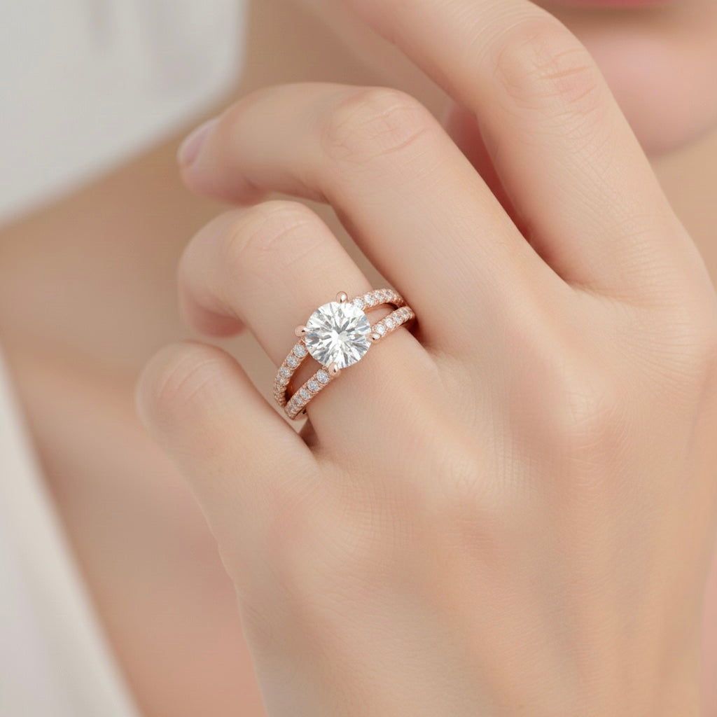 Round cut lab grown diamond engagement ring with a split shank design, set in rose gold, shown on a woman’s hand.