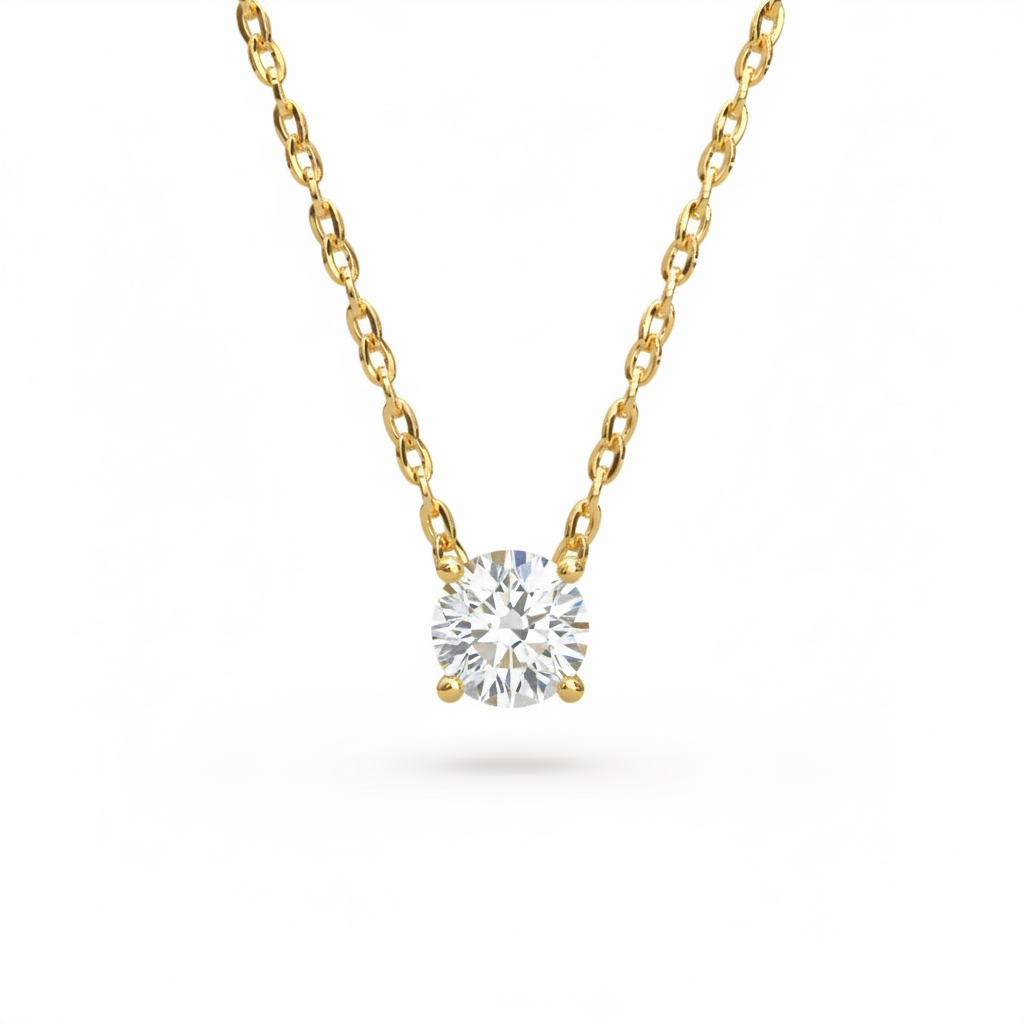 Round solitaire lab-grown diamond necklace in yellow gold, front view