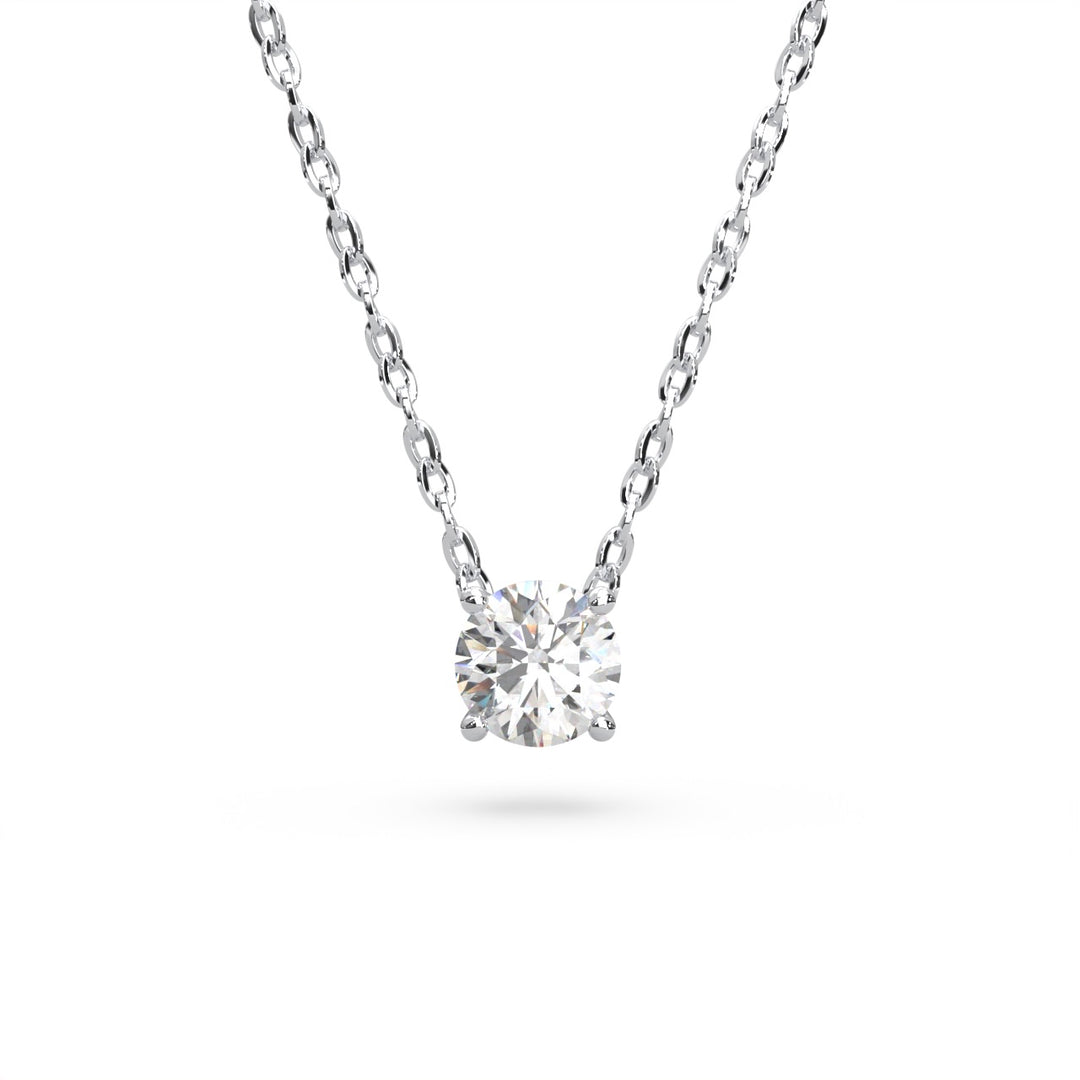 Round solitaire lab-grown diamond necklace in white gold on chain, front view