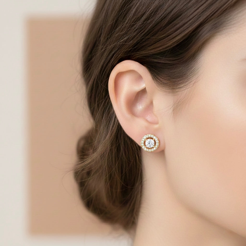 Yellow gold lab-grown diamond stud earring with detachable diamond halo jacket, worn on ear