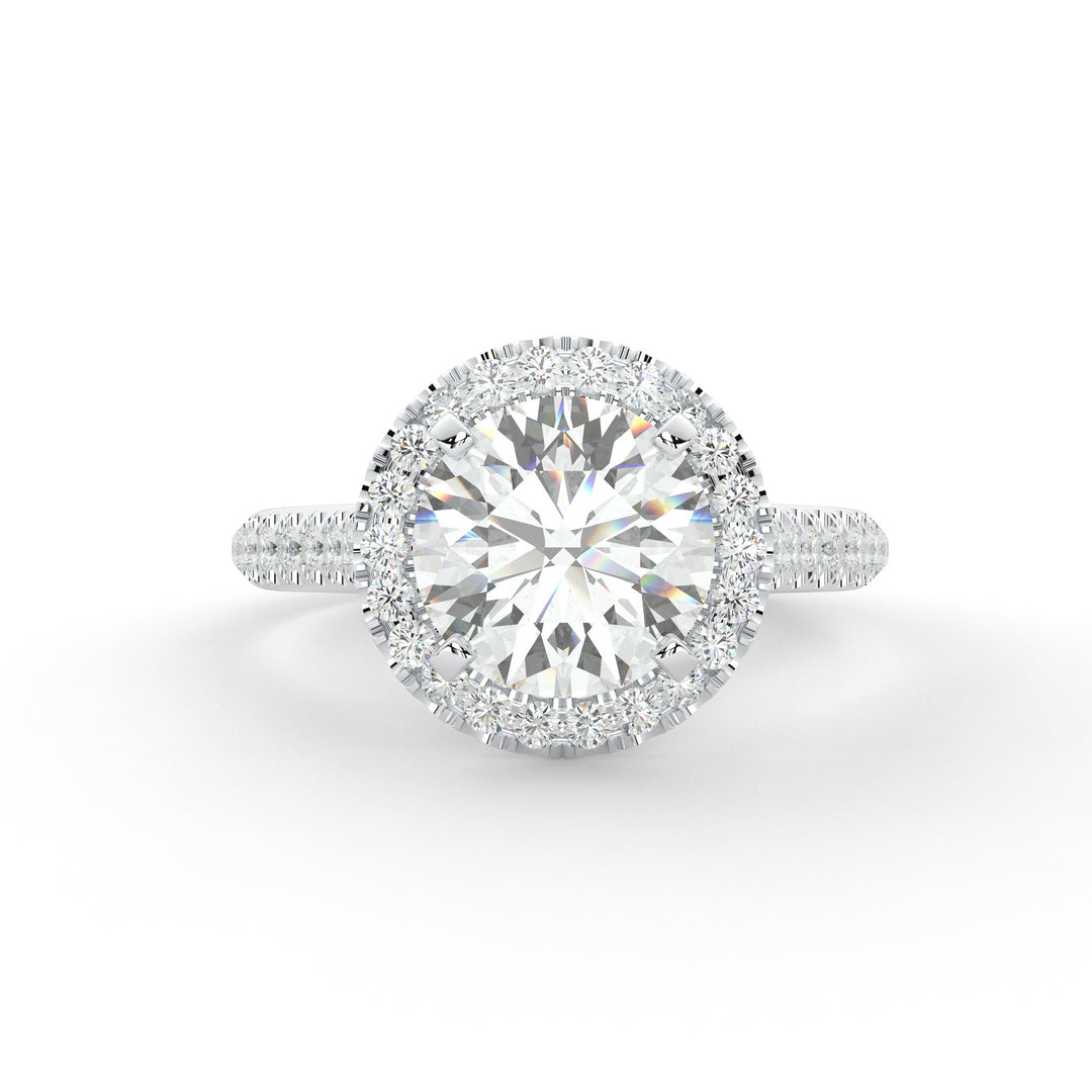Lab grown Round halo side diamonds ring in white gold, front view