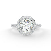 Lab grown Round halo side diamonds ring in white gold, front view
