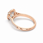 Load image into Gallery viewer, Back view of a lab-grown round diamond halo ring in rose gold, showing the gallery and band structure
