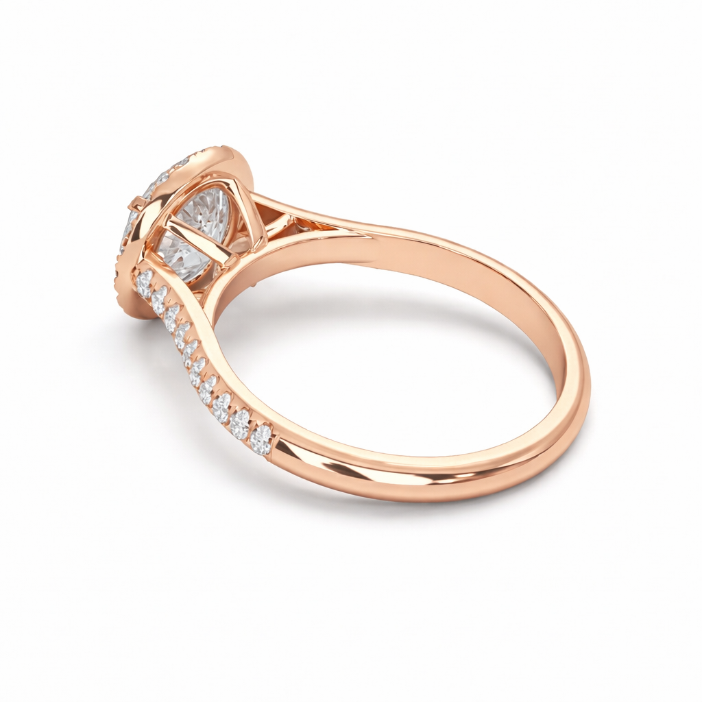 Back view of a lab-grown round diamond halo ring in rose gold, showing the gallery and band structure