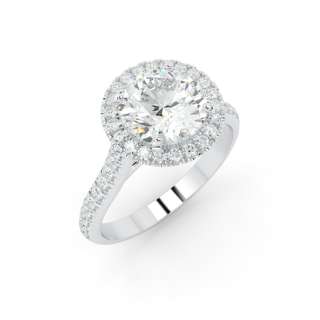 Angled side view of a lab-grown round diamond halo ring in white gold, highlighting the setting and side diamonds