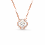 Load image into Gallery viewer, Round halo necklace with a lab-grown round brilliant diamond with  a diamond halo, set in rose gold, front view 