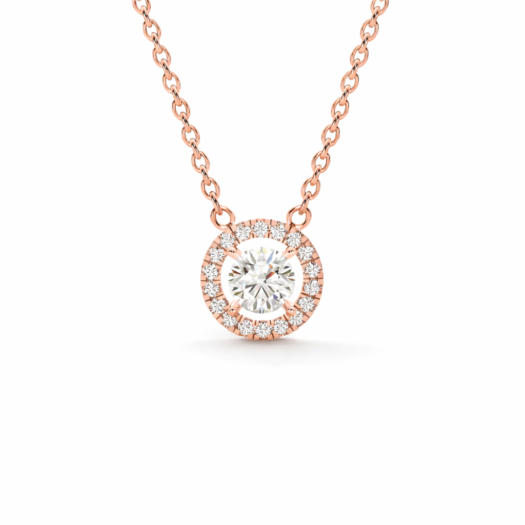 Round halo necklace with a lab-grown round brilliant diamond with  a diamond halo, set in rose gold, front view 