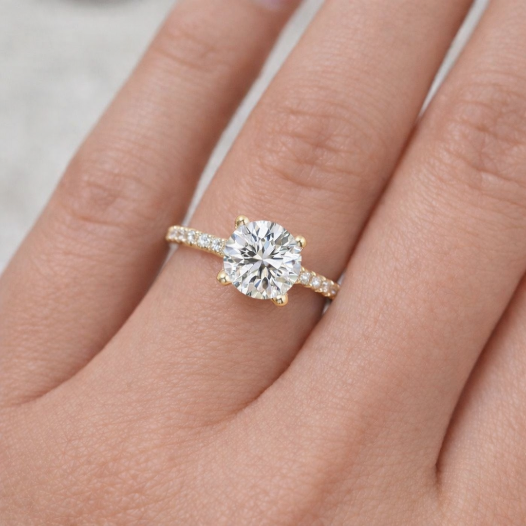 Round lab-grown diamond ring with side stones set in yellow gold, shown on a woman’s hand