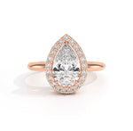 Load image into Gallery viewer, Pear halo Biza natural diamond ring front view with pear-shaped center diamond in rose gold 