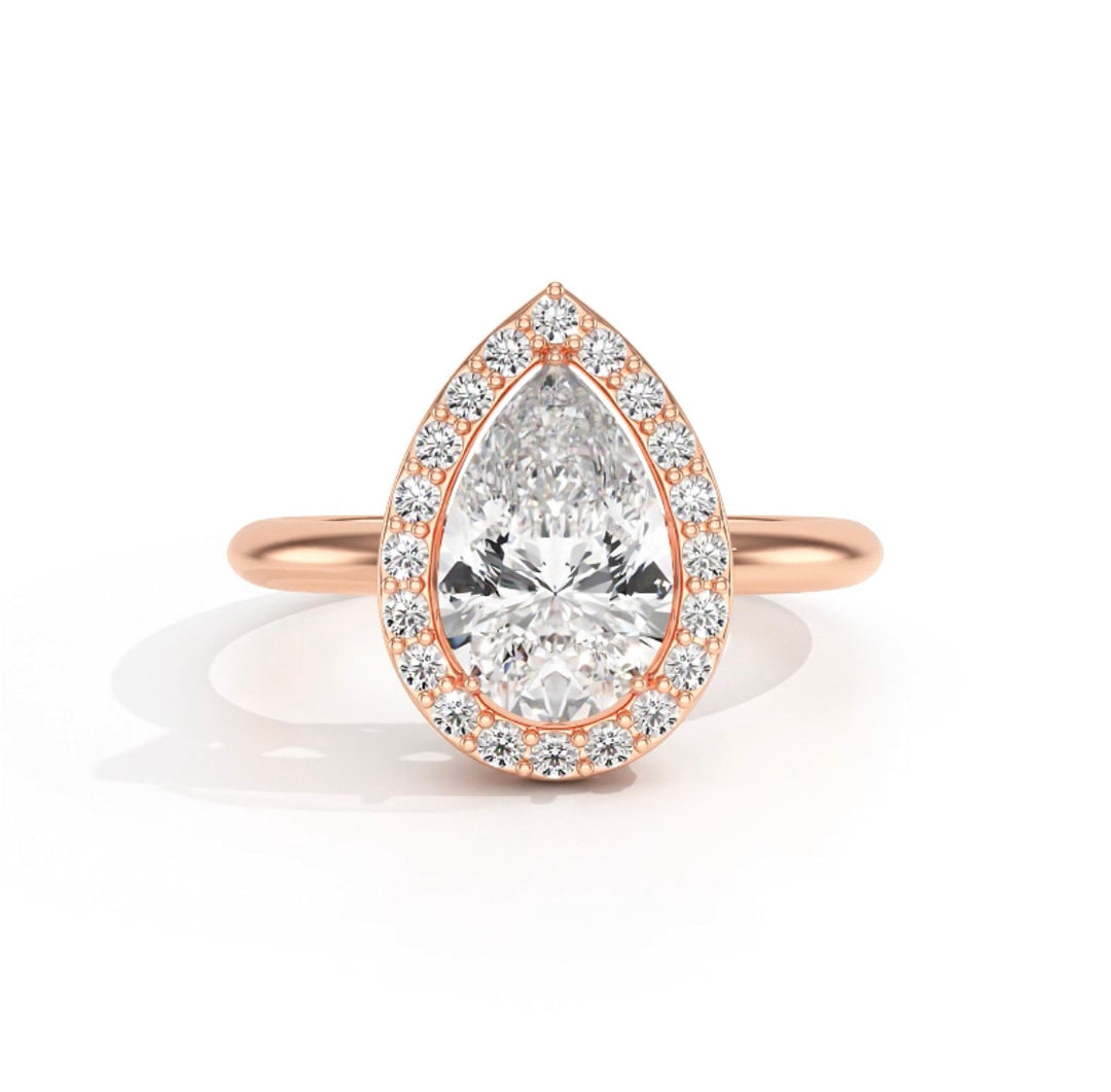 Pear halo Biza natural diamond ring front view with pear-shaped center diamond in rose gold 