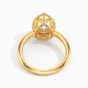 Back view of Pear Halo Biza lab-grown diamond ring showcasing the biza gallery and smooth yellow gold band