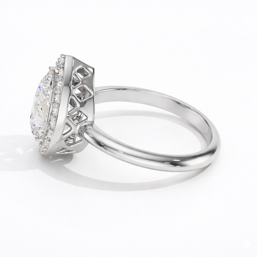 Pear halo Biza natural diamond ring side view showing halo setting and band in white gold 