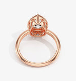 Load image into Gallery viewer, Pear halo Biza natural diamond ring back view showing gallery and setting structure in rose gold 