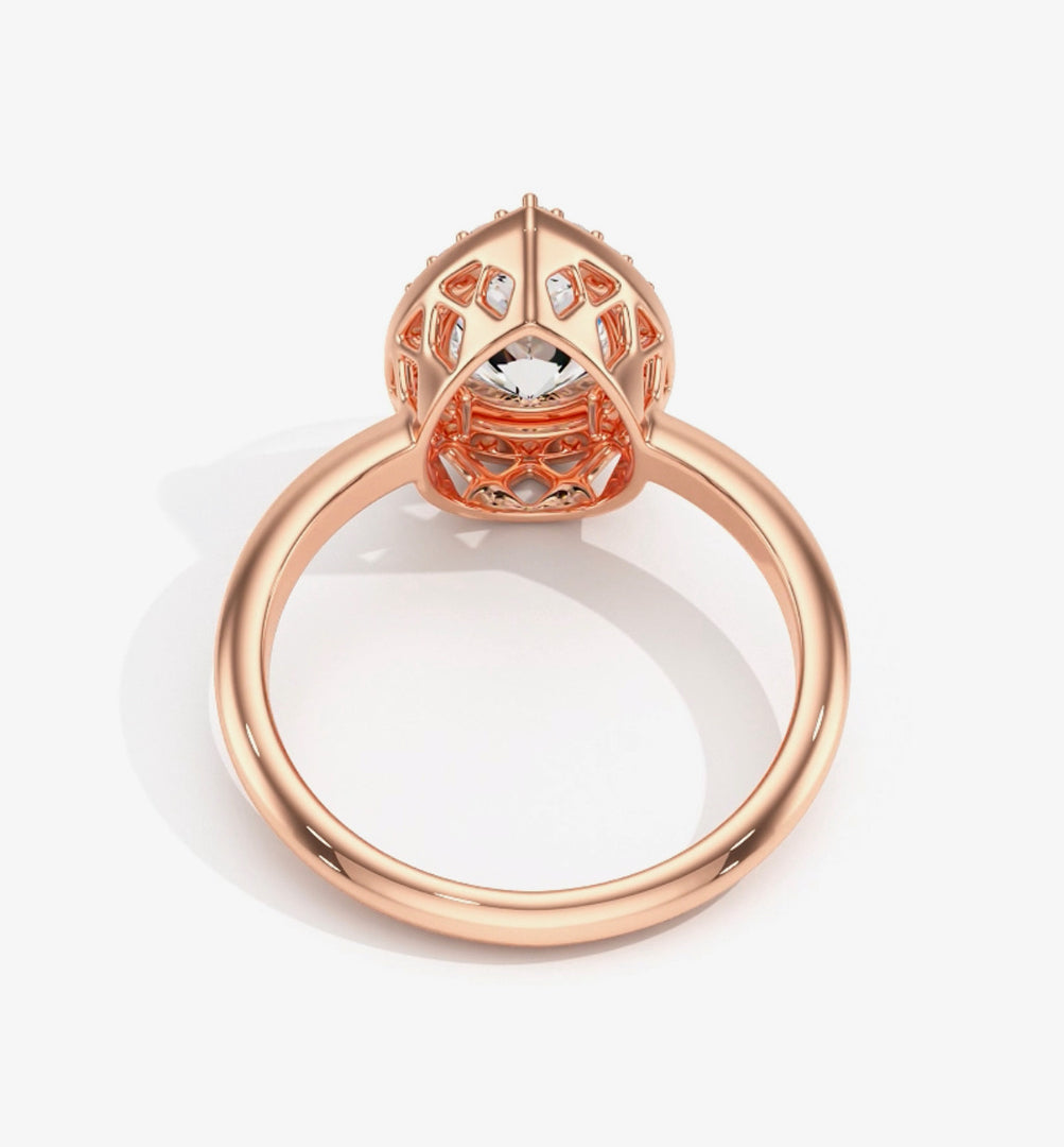 Pear halo Biza natural diamond ring back view showing gallery and setting structure in rose gold 