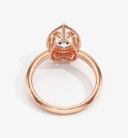 Pear halo Biza natural diamond ring back view showing gallery and setting structure in rose gold 