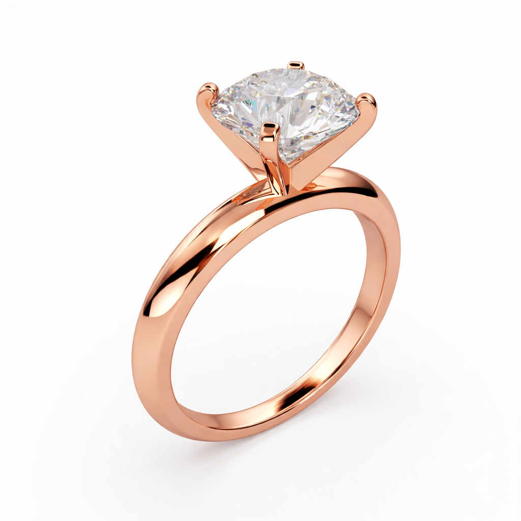 Round lab grown diamond solitaire ring in rose gold, angled view with sleek polished band
