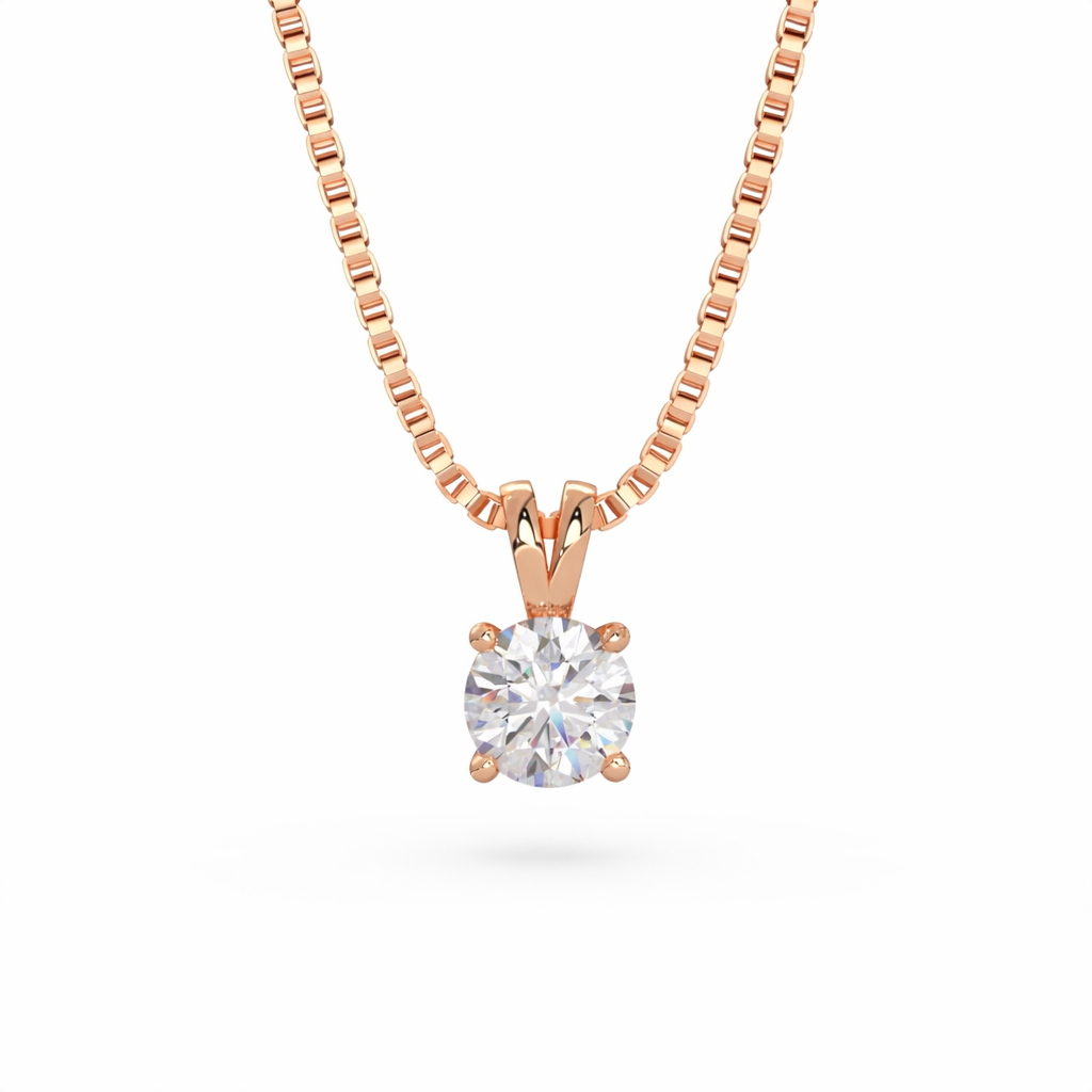 Round lab-grown diamond solitaire pendant necklace in rose gold on a rose gold chain

