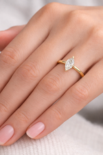 Load image into Gallery viewer, Marquise cut lab-grown diamond solitaire ring in yellow gold on a woman’s hand
