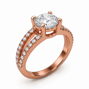 Round cut lab grown diamond split shank ring in rose gold with pavé diamonds, angled side view