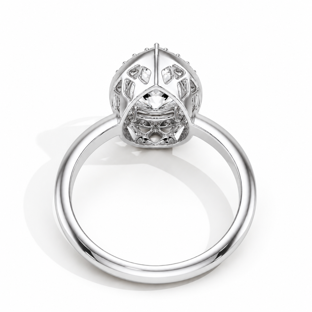 Pear halo Biza natural diamond ring back view showing gallery and setting structure in white gold 