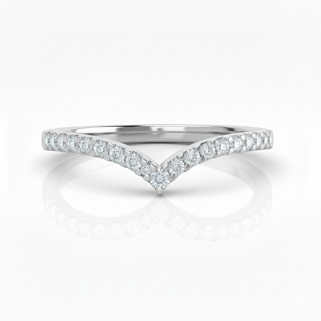 White gold V-shaped natural diamond ring, offset front view