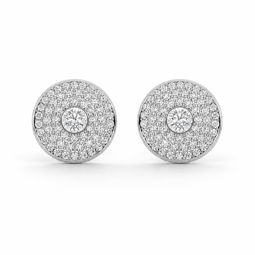 Triple halo lab-grown diamond stud earrings front view round pavé halo setting in white gold