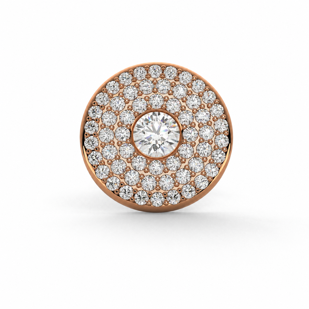 Triple halo lab-grown diamond stud earring in rose gold with round center stone and three pavé diamond rows