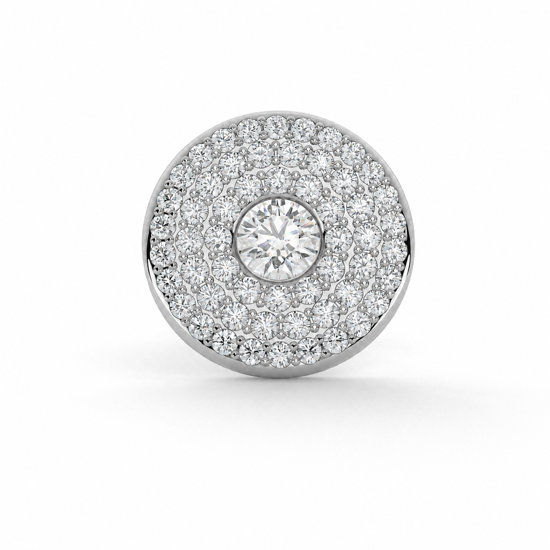 Triple halo natural diamond stud earrings in white  gold with pavé setting and central diamond