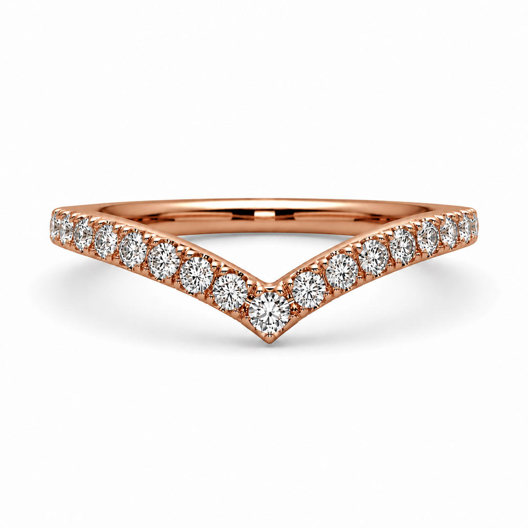 Rose gold V-shape diamond ring with round natural stones, inverted front view