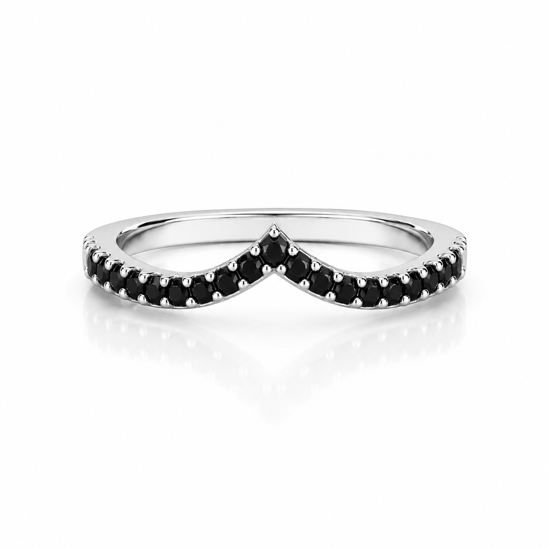 Black diamond V-shaped wedding band in white gold, curved chevron design with pavé-set black diamonds