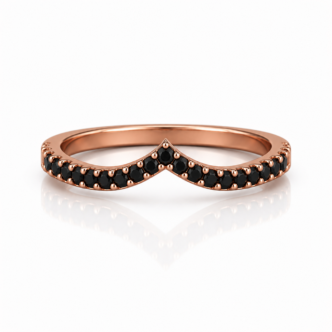 Black diamond chevron wedding band in rose gold, V-shaped contour ring with pavé-set black diamonds