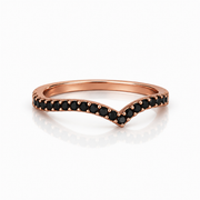 Side view of black diamond V-shaped ring in rose gold, curved pavé band with black diamonds