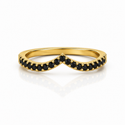 Black diamond V-shaped wedding band in yellow gold, chevron contour ring with pavé black diamonds