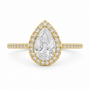 Lab-grown pear halo diamond ring in 14K yellow gold with a pear-shaped center diamond and sparkling halo.