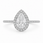 Load image into Gallery viewer, Natural pear halo diamond ring in 14K white gold featuring a pear-shaped center diamond surrounded by a halo of natural diamonds.