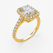     Lab-grown emerald-cut diamond halo engagement ring in yellow gold, angled top view