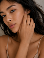 Load image into Gallery viewer, Open yellow gold ring featuring two bezel-set round natural diamonds displayed on a woman’s middle finger
