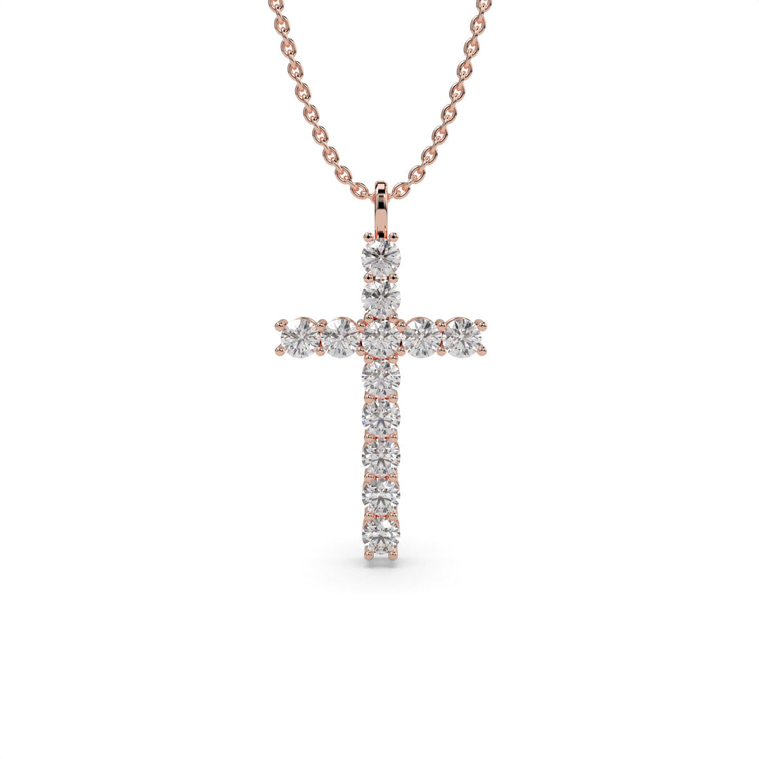 Close-up of diamond cross pendant showing diamond setting